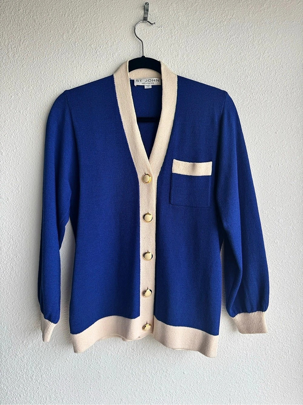 Vintage St. John Blue & Beige Knit Cardigan Size P
